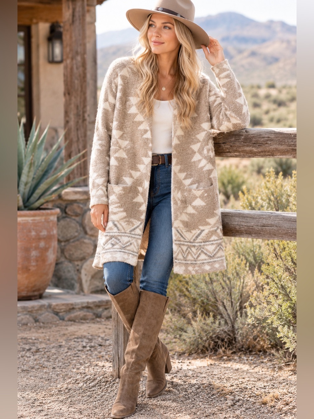 Frye "The Cozy Cardigan" Open Front Tan and White Southwestern Cardigan